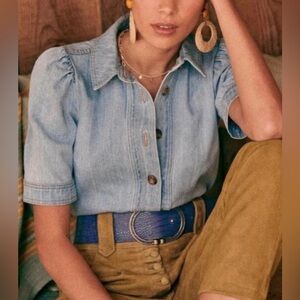 Sezane Kendall Denim Button-Up Short Sleeve Top Size FR34/US 2